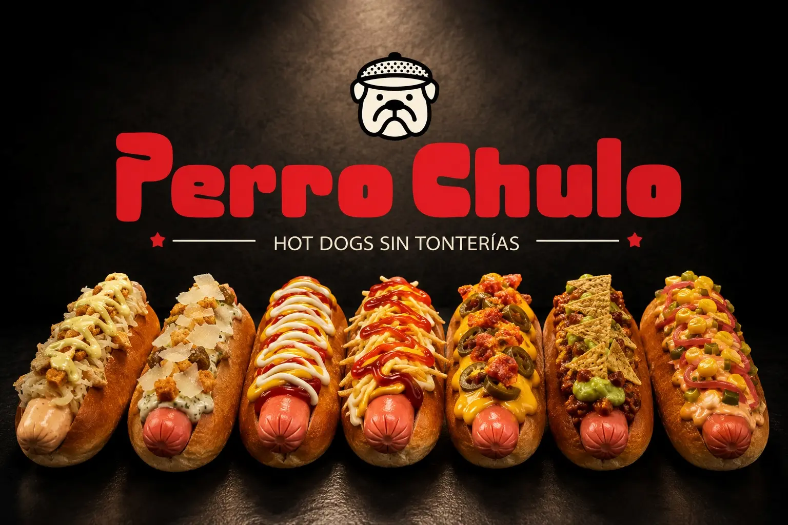 Perrito caliente de Perro Chulo sobre fondo oscuro